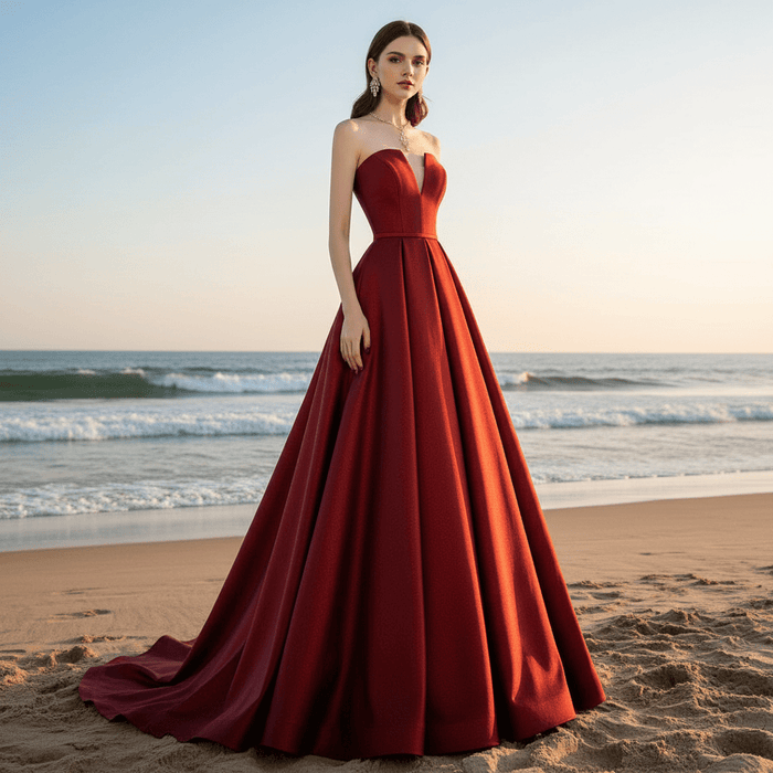 Strapless Open Back Red Bridesmaid Dress with Vneck - Rosymae