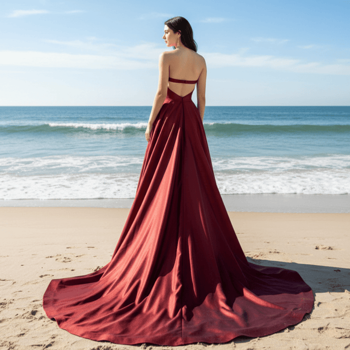 Strapless Open Back Red Bridesmaid Dress with Vneck - Rosymae