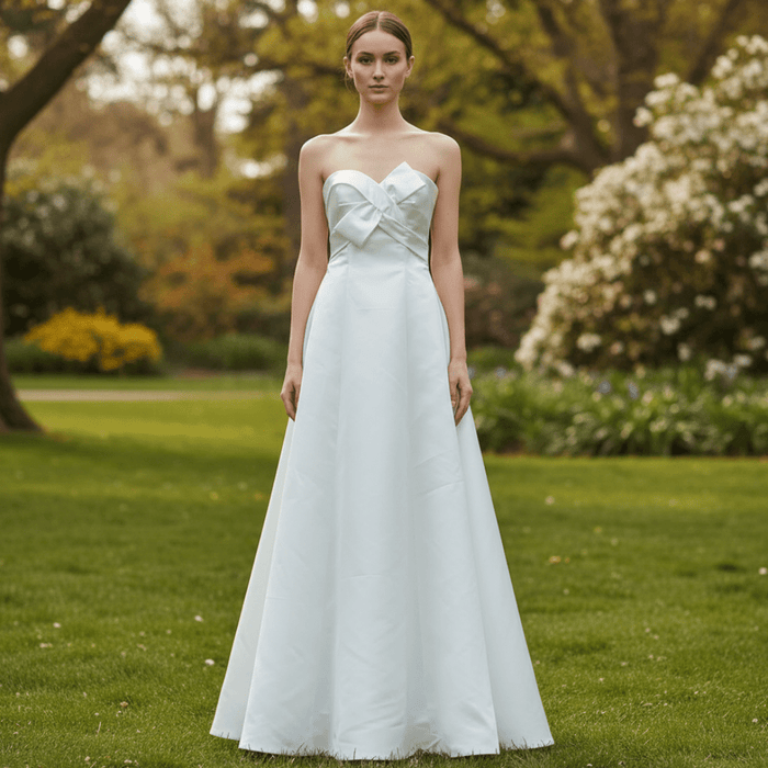 Strapless Satin A-line Tea Length Wedding Dress with Ruched Bodice - Rosymae