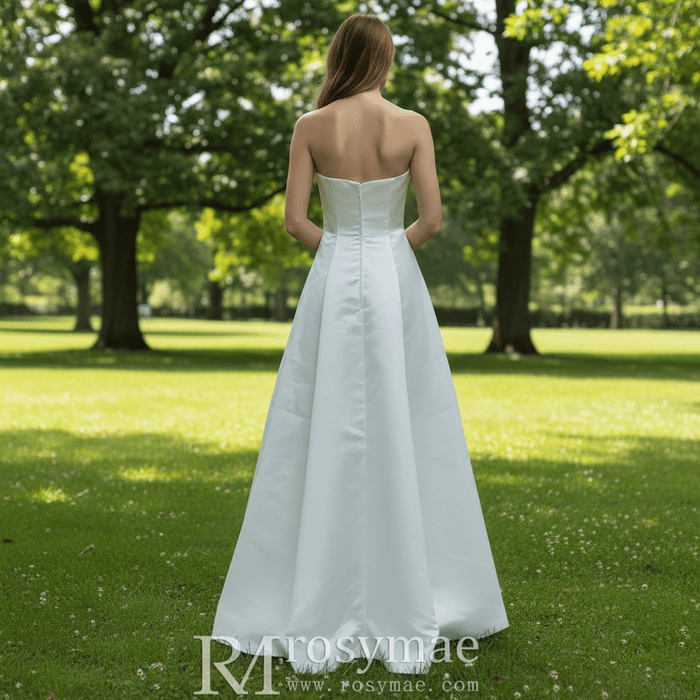 Strapless Satin A-line Tea Length Wedding Dress with Ruched Bodice - Rosymae