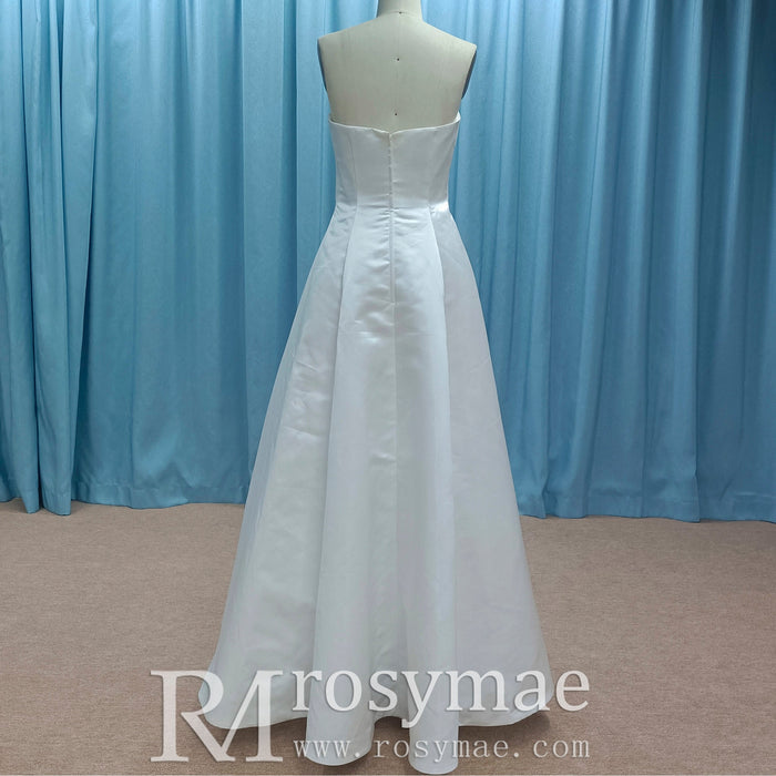 Strapless Satin A-line Tea Length Wedding Dress with Ruched Bodice - Rosymae