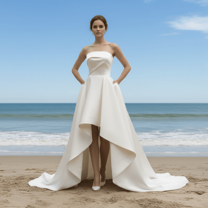 Strapless Satin High Low Beach Bridal Gown Wedding Dress - Rosymae