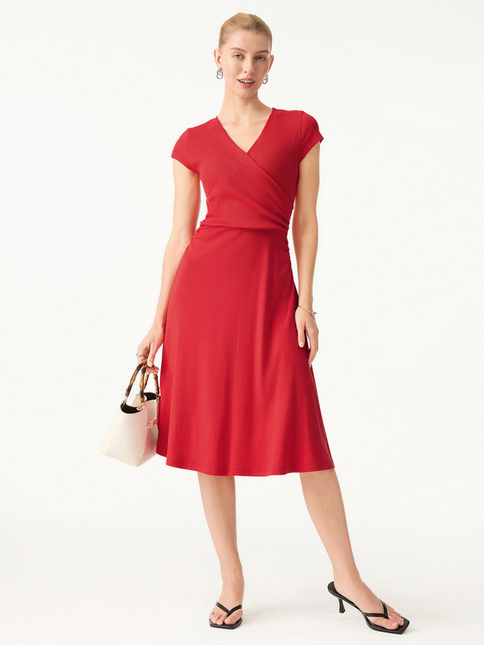 OGLmove Stretch Cotton Surplice V-neck Cap Sleeve Midi Dress True Red XS