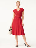 OGLmove Stretch Cotton Surplice V-neck Cap Sleeve Midi Dress True Red XS