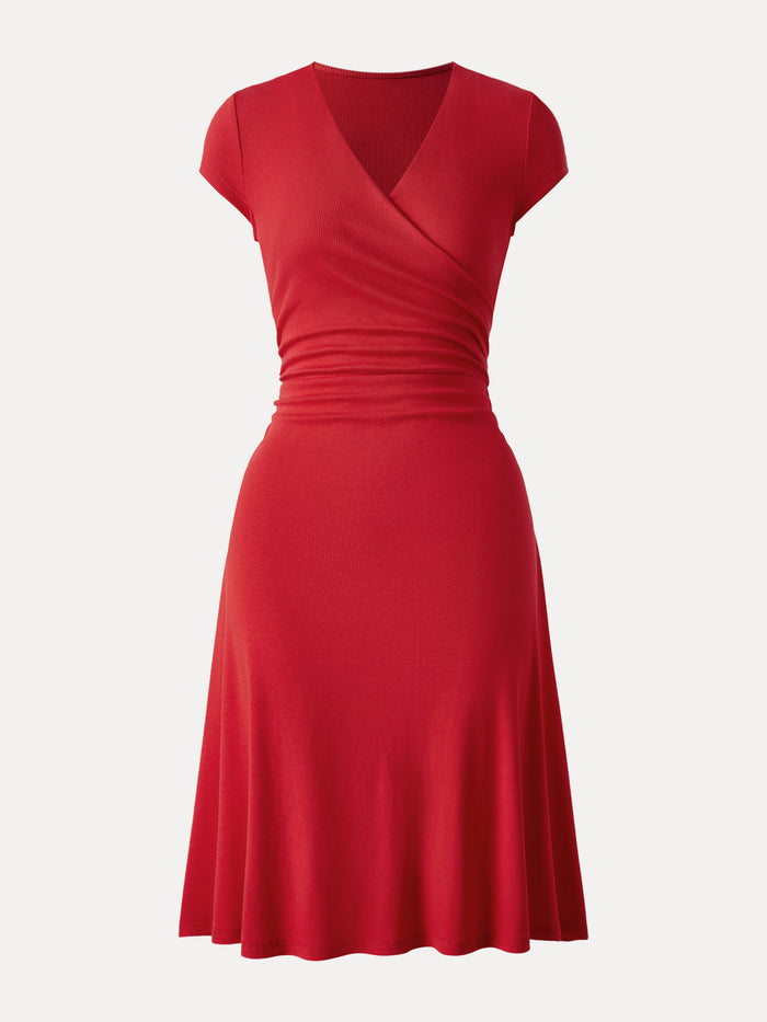 OGLmove Stretch Cotton Surplice V-neck Cap Sleeve Midi Dress