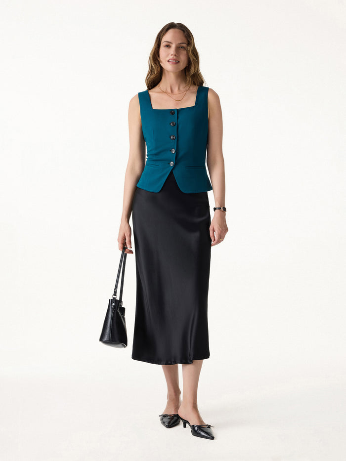 OGLmove Stretch Ponte Square Neck Cropped Waistcoat with Pockets
