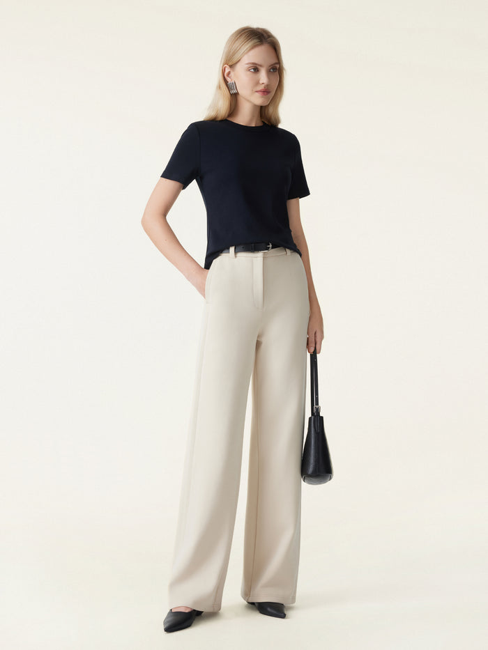 OGLmove 2Pcs Set Round Neck Relaxed Top & Mid Rise Fly-Front Wide Leg Trousers