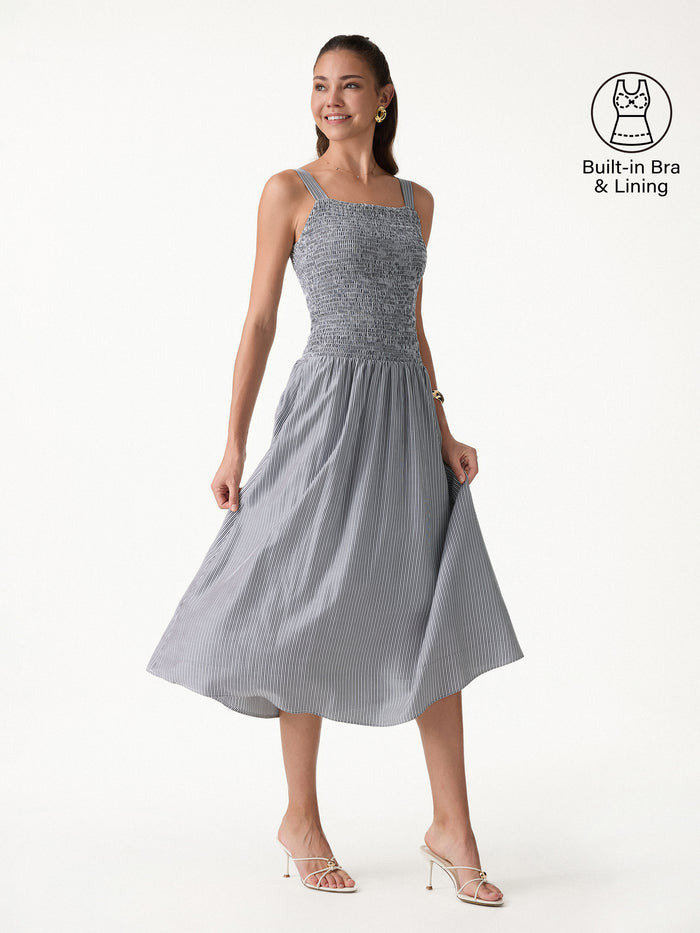 OGLmove Striped Poplin Square Neck Smocked Midi Bra Dress Regular Grey/White Stripe