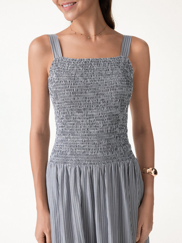 OGLmove Striped Poplin Square Neck Smocked Midi Bra Dress