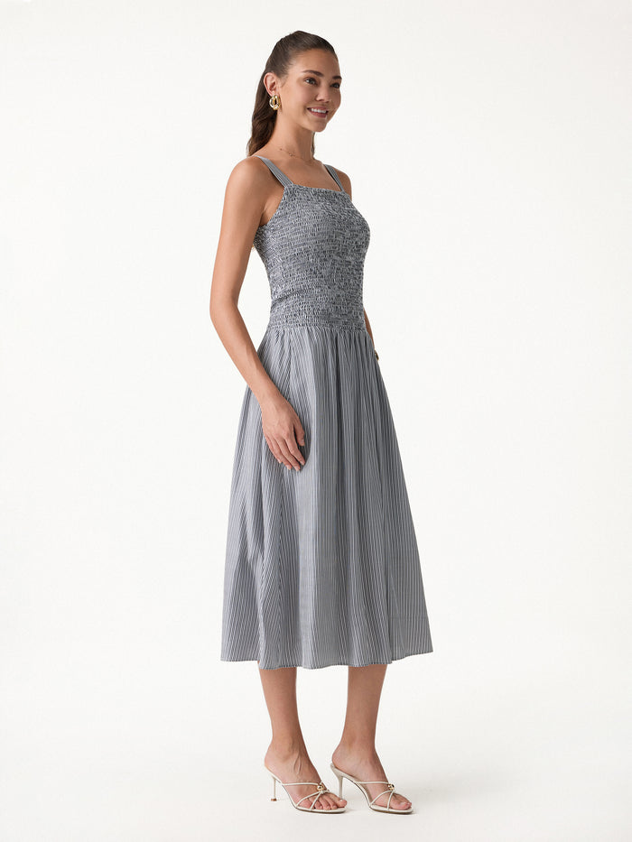OGLmove Striped Poplin Square Neck Smocked Midi Bra Dress