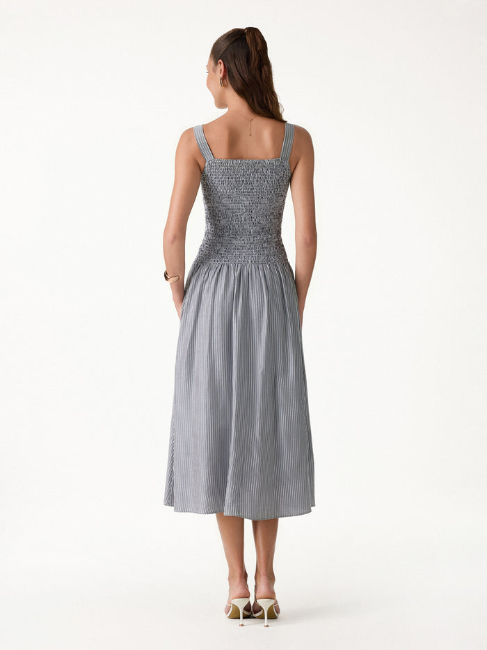 OGLmove Striped Poplin Square Neck Smocked Midi Bra Dress