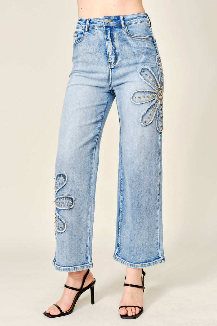 Studded Flower Patch Wide Leg Jeans