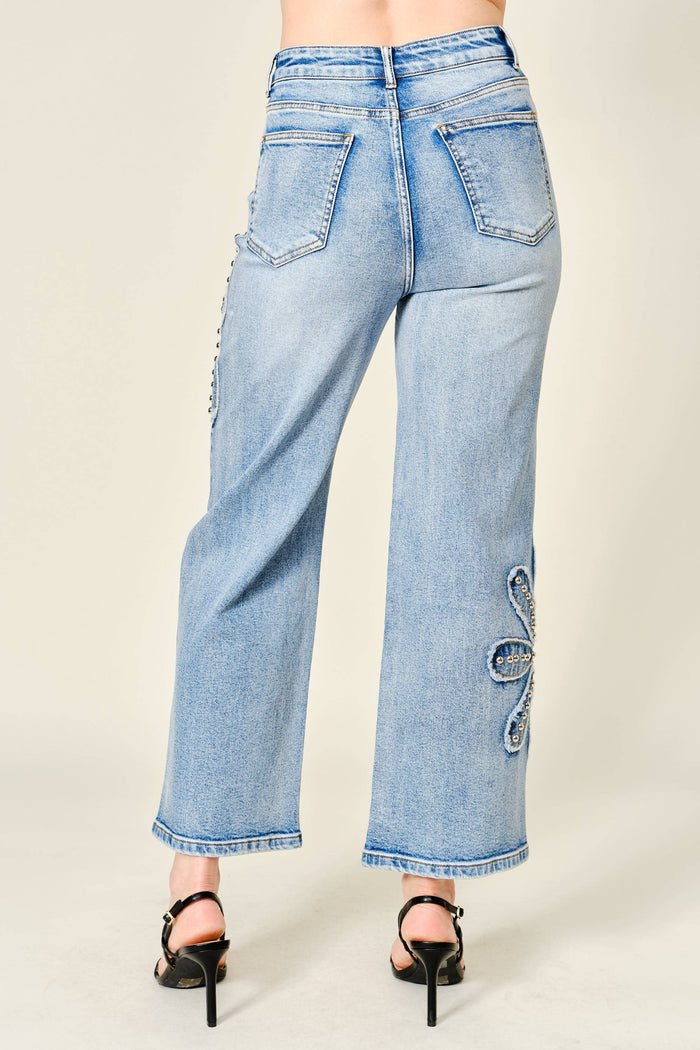 Studded Flower Patch Wide Leg Jeans