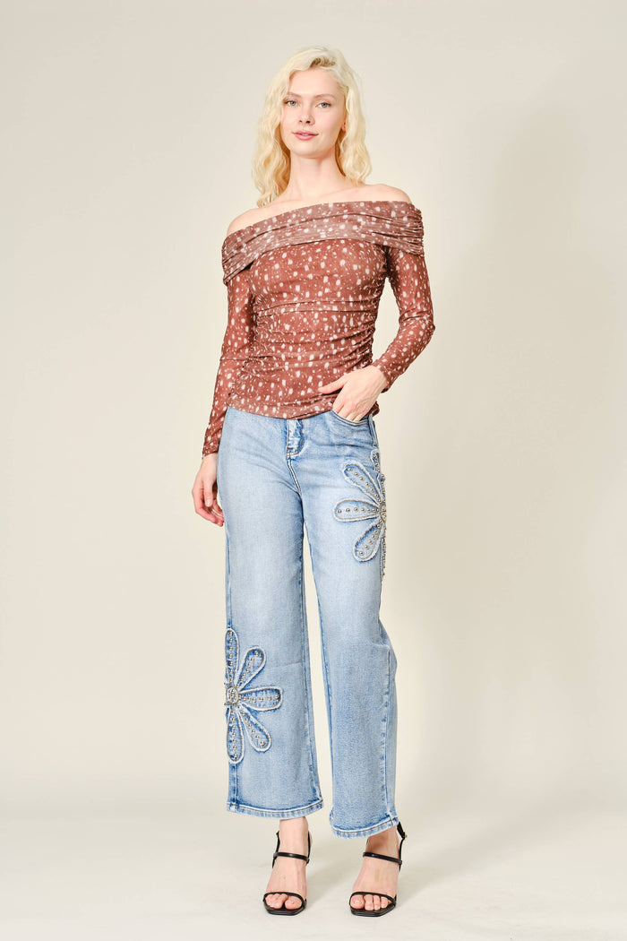 Studded Flower Patch Wide Leg Jeans