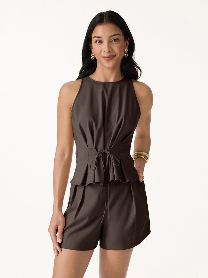 OGLmove Summer Linen Pleated Self-Tie Top Espresso Shut Brown XS