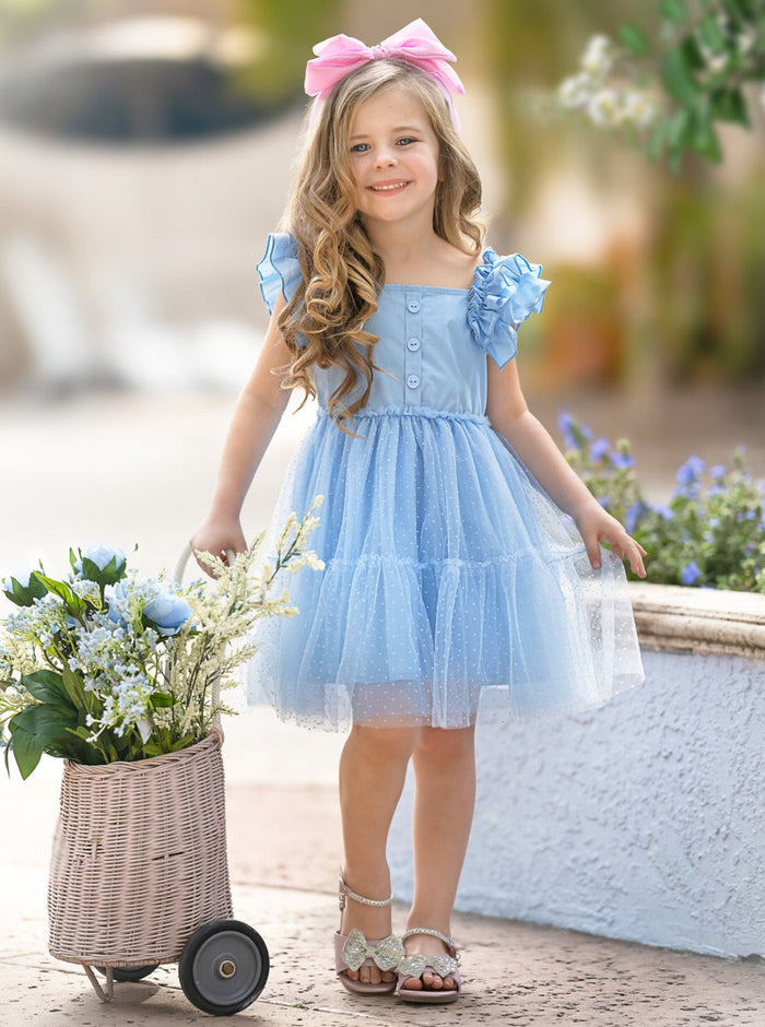 Mia Belle Girls Blue Ruffle Sleeve Tulle Dress | Girls Spring Dresses