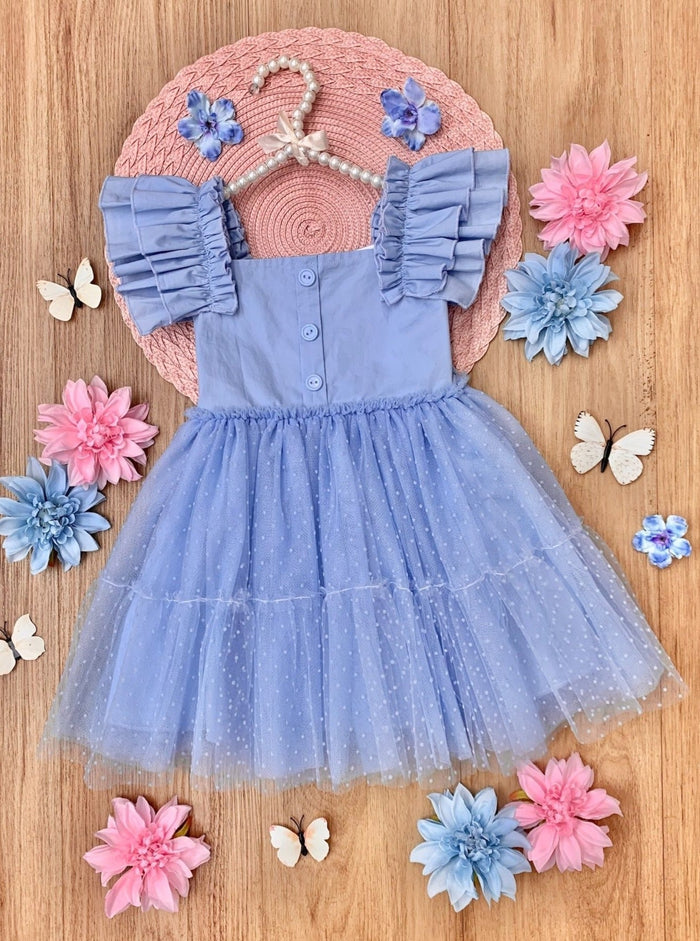 Mia Belle Girls Blue Ruffle Sleeve Tulle Dress | Girls Spring Dresses