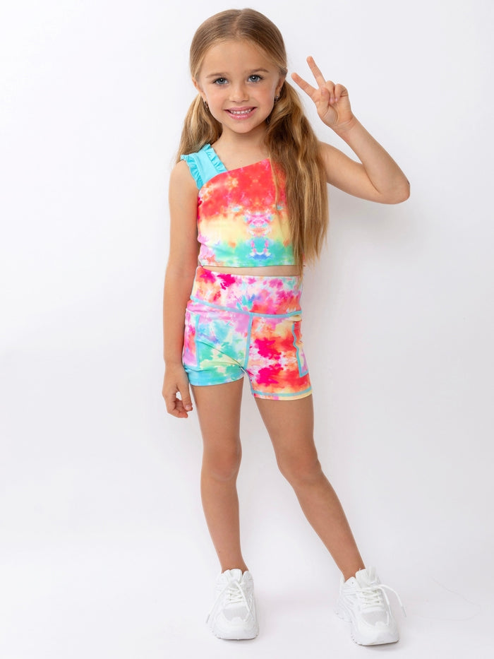 Girls rainbow tie-dye biker shorts set for active summer days