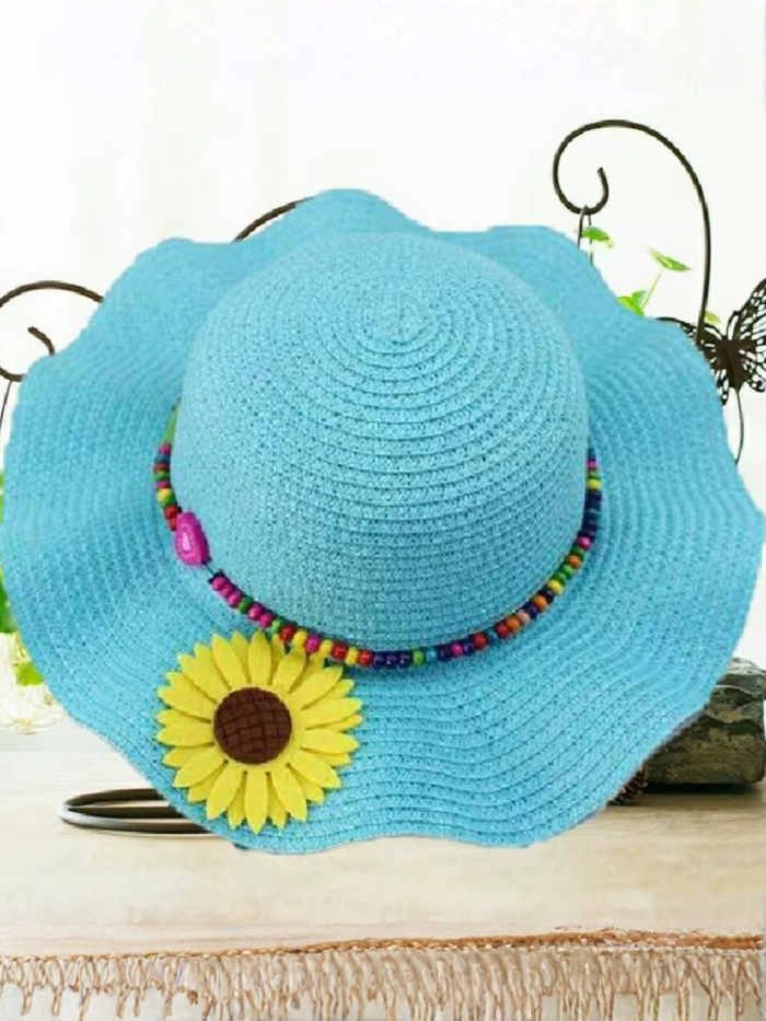 girls blue straw sun hat with sunflower and beaded trim