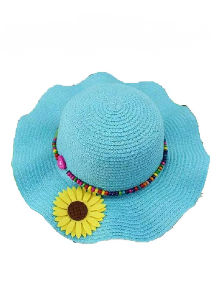 kids beach hat wide brim blue straw hat with floral detail