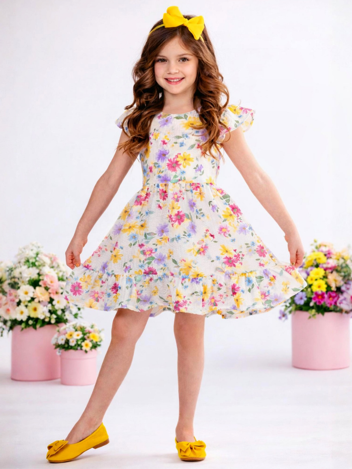 Kids floral dress with flutter sleeves and bow back detail for spring