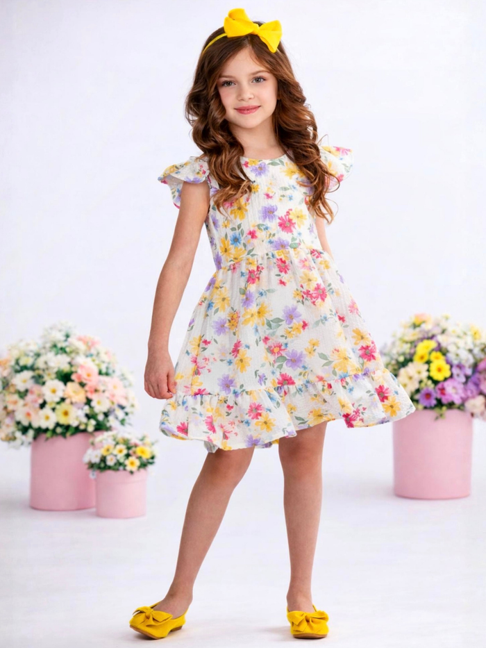 Girl wearing pastel floral dress with ruffle skirt for spring celebration