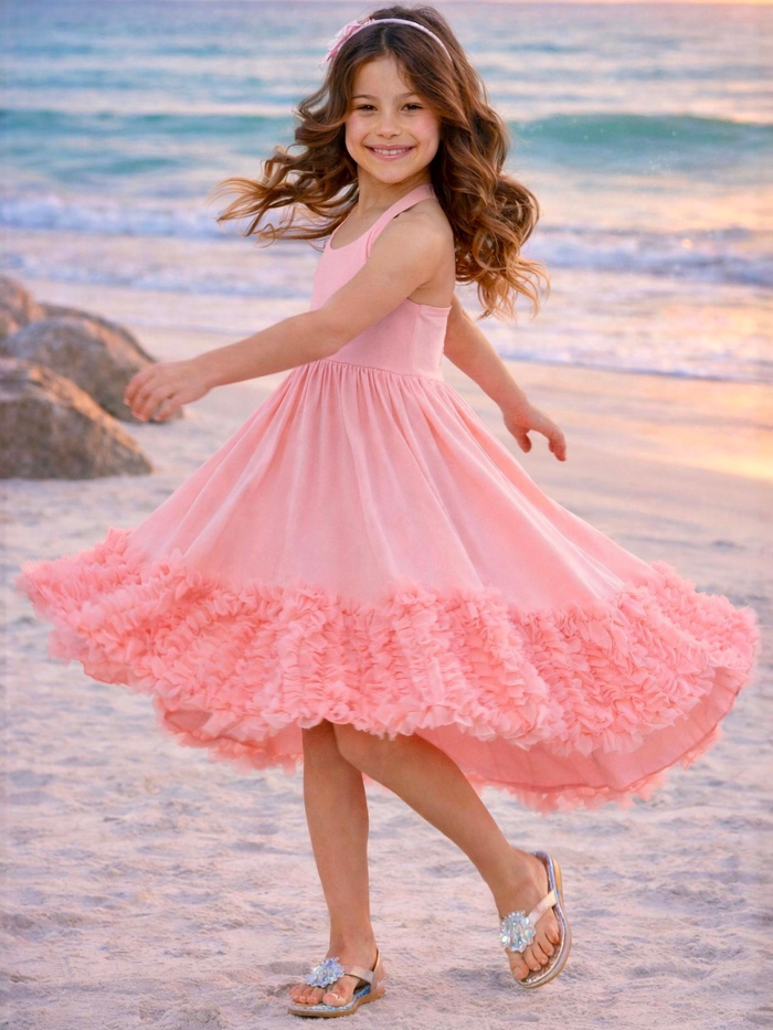 Girls beach outfit coral high low dress with soft flowing fabric