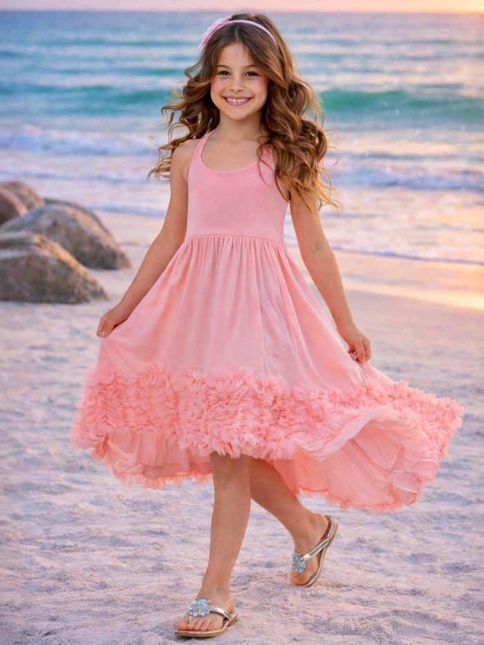 Girls vacation dress coral pink with airy silhouette and ruffles