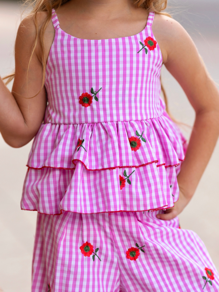 Sweet Bloom Gingham Embroidered Peplum Top and Pants Set Mia Belle Girls