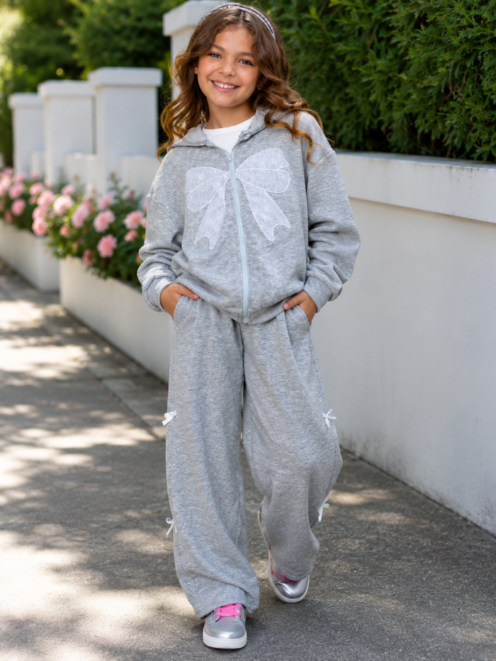 Sweet Bow Zip Hooded Jacket and Wide Leg Pant Set