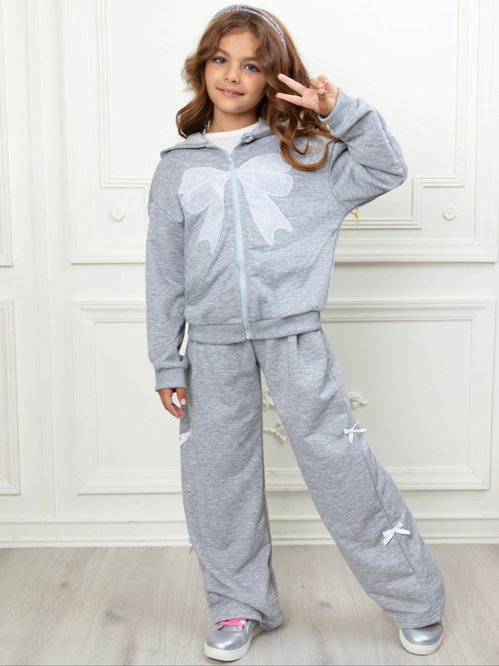 Girls gray bow zip hoodie and wide leg pant set