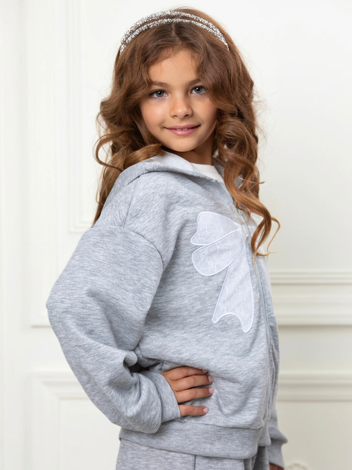 Girls matching hoodie and pants outfit with oversized bow design