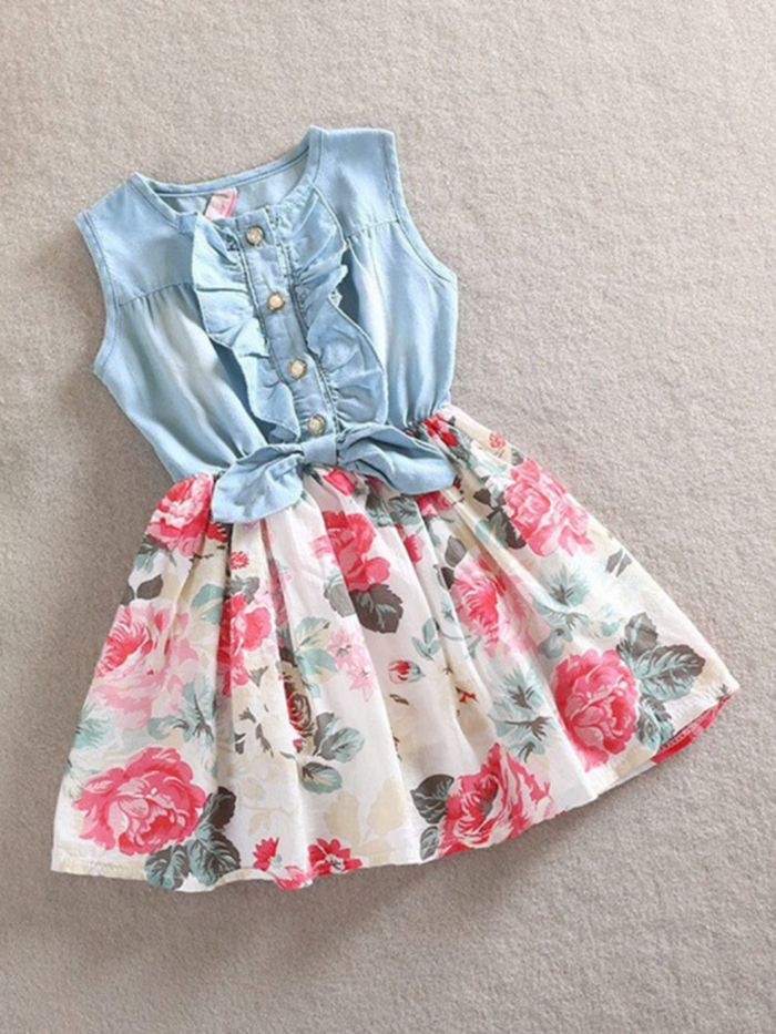 Mia Belle Girls Chambray Bodice Floral Dress | Resort Wear