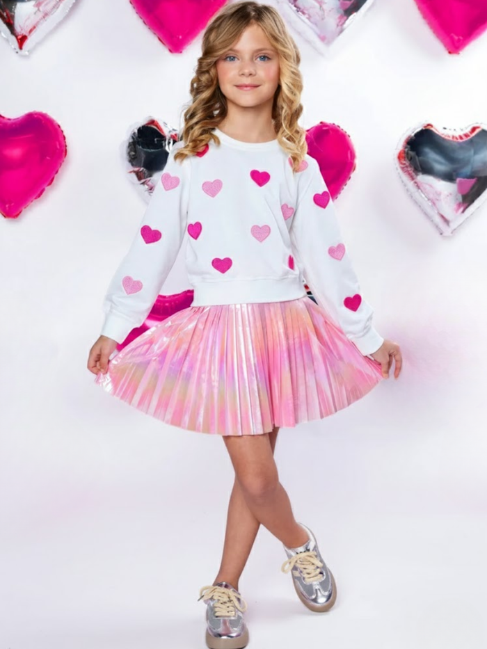 Sweet Heart Embroidered Top & Metallic Skirt Valentine’s Day Outfit