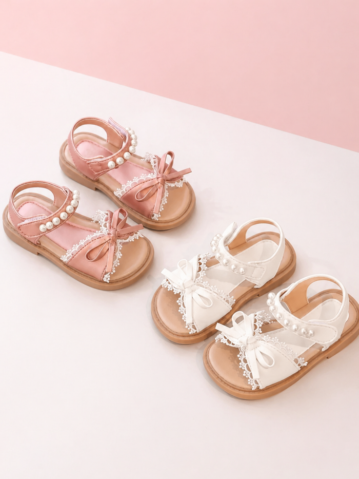 girls lace bow sandals pink beige pearl strap summer shoes