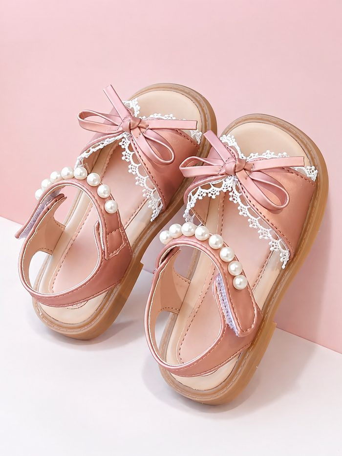 pink girls sandals lace bow pearl strap open toe shoes