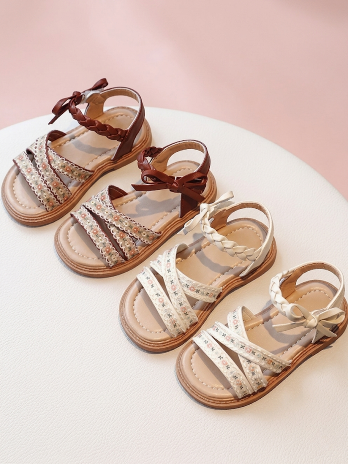 girls floral sandals embroidered straps brown beige summer shoes