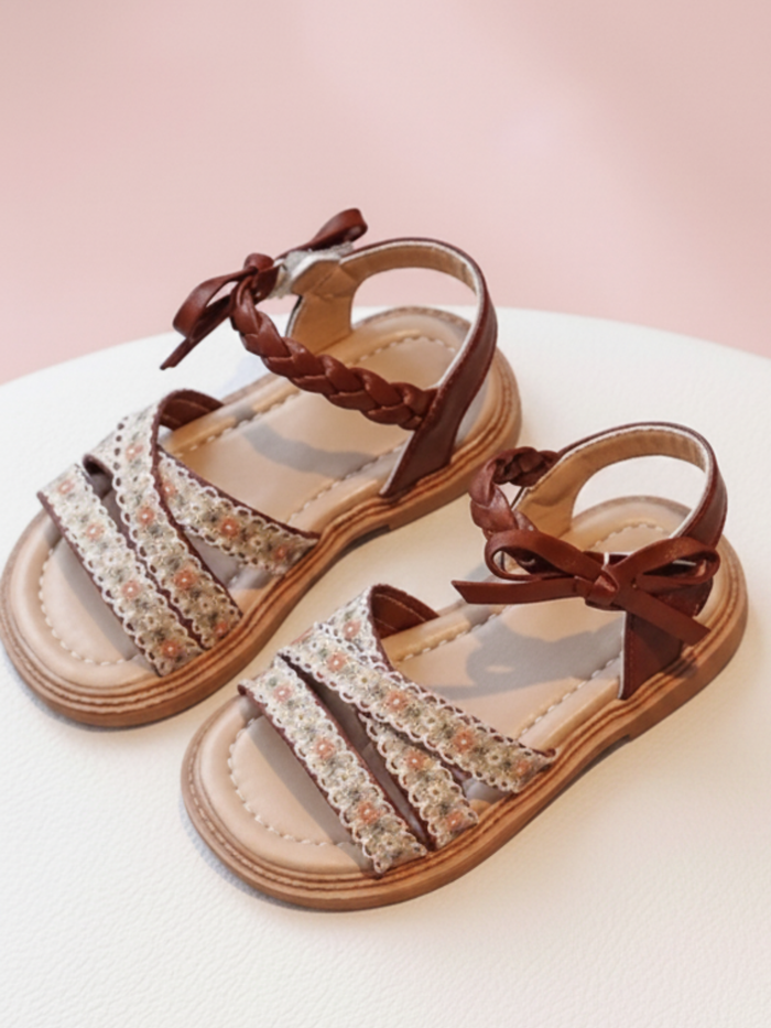 brown toddler sandals floral strap bow detail summer shoes