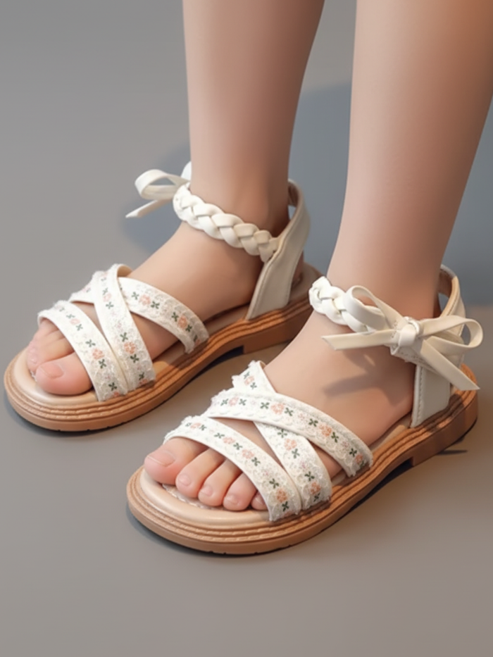 beige girls sandals embroidered floral casual summer footwear
