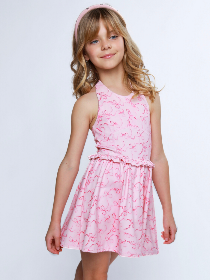 Girls pink bow print dress with halter neckline and ruffle waist