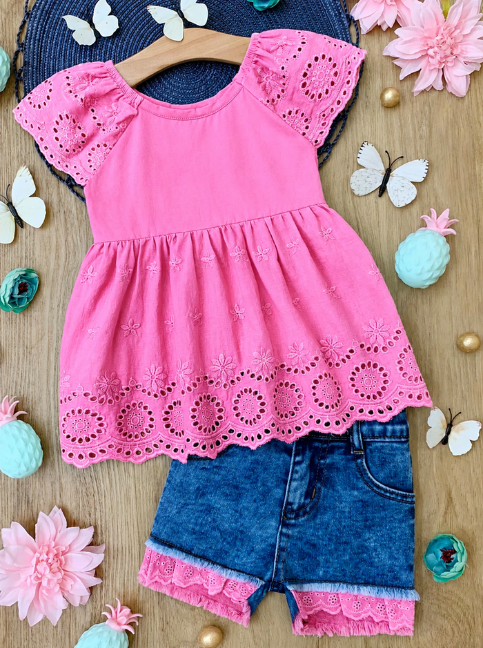 Sweet Pink Eyelet Top and Denim Short Set Mia Belle Girls