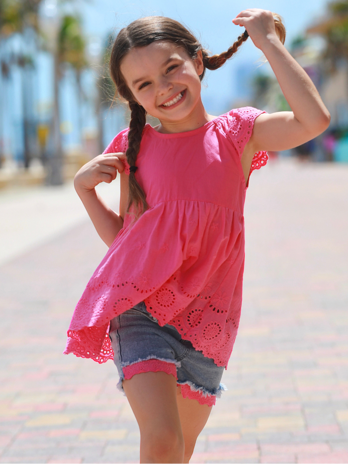 stylish girls summer outfit denim shorts and pink eyelet top