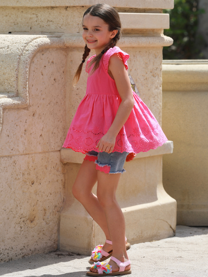 kids pink peplum top and denim short set girls summer outfit