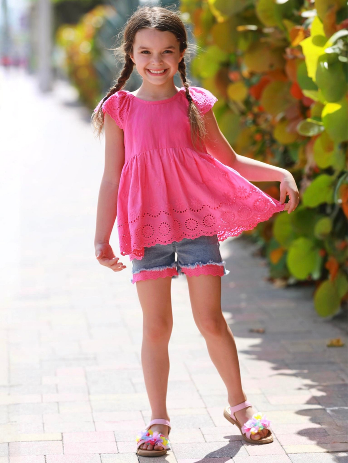 cute girls summer outfit pink top with embroidered detail and denim shorts
