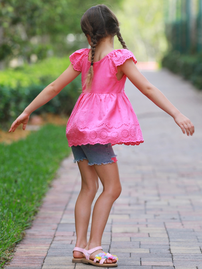 girls casual summer set pink peplum top and shorts outfit