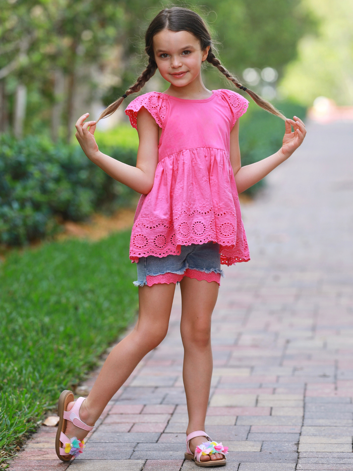 lightweight girls summer clothing pink top and denim shorts