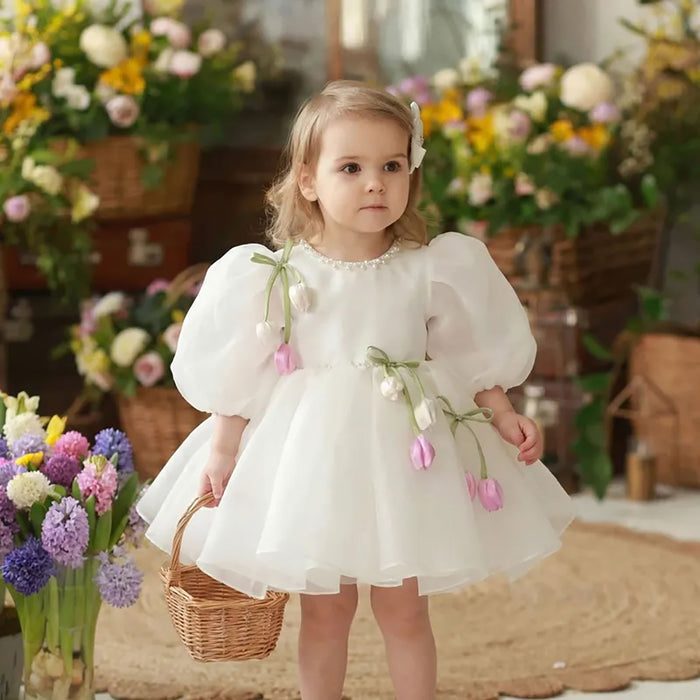 Sweet White Flower Girl Dress with 3D Tulip Flowers Elegant Puff Sleeve Organza Birthday Party Gown D281