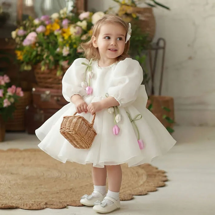 Sweet White Flower Girl Dress with 3D Tulip Flowers Elegant Puff Sleeve Organza Birthday Party Gown D281