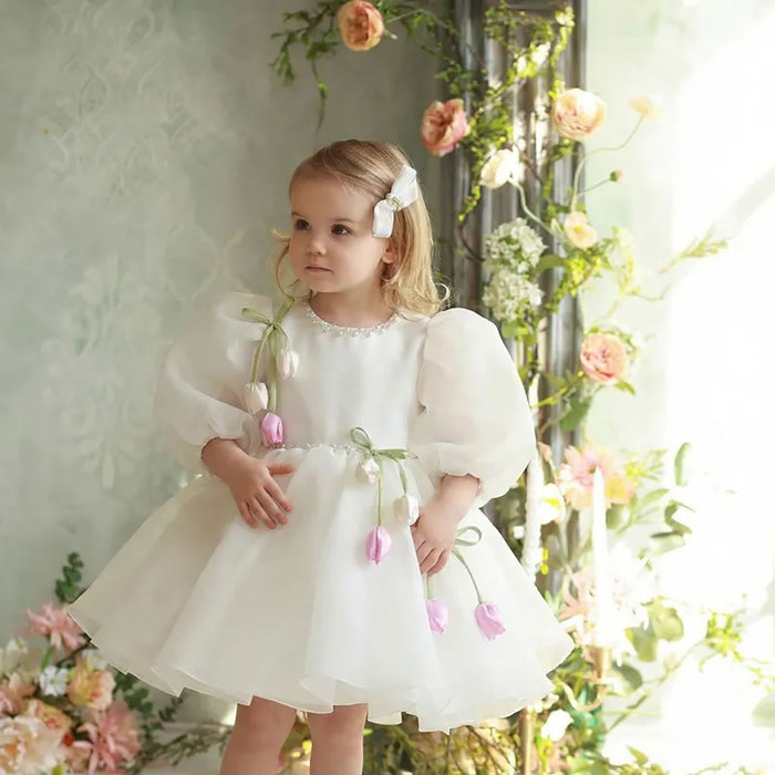 Sweet White Flower Girl Dress with 3D Tulip Flowers Elegant Puff Sleeve Organza Birthday Party Gown D281