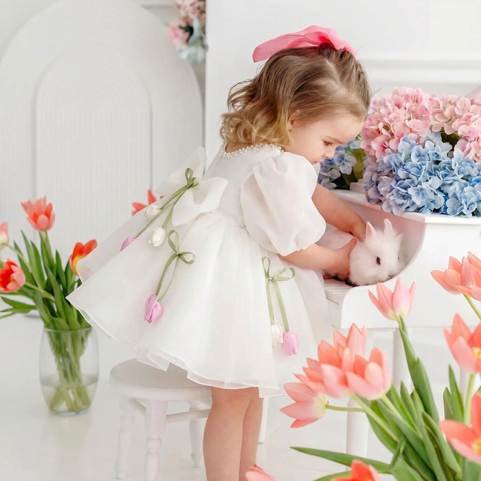Sweet White Flower Girl Dress with 3D Tulip Flowers Elegant Puff Sleeve Organza Birthday Party Gown D281